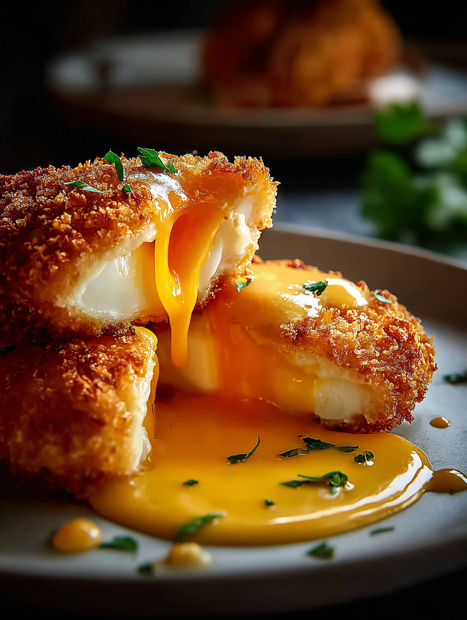 Ein Stück knuspriges Käse-Hähnchen mit Eigelb.