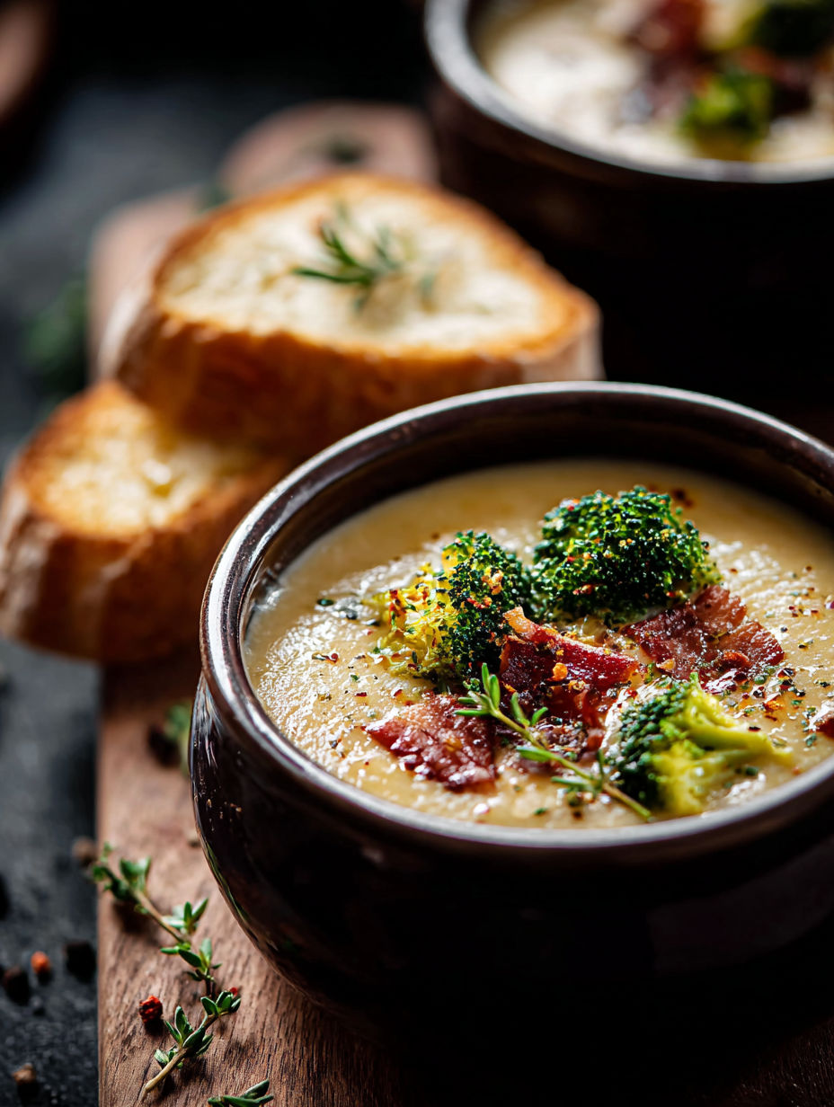 Eine Schüssel Cheddar Broccoli Suppe mit einem Stück Brot daneben.