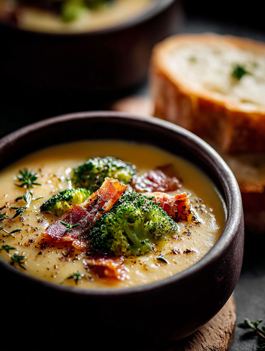 Eine Schüssel Brokkoli-Cheddar-Suppe mit einer Scheibe Brot daneben.