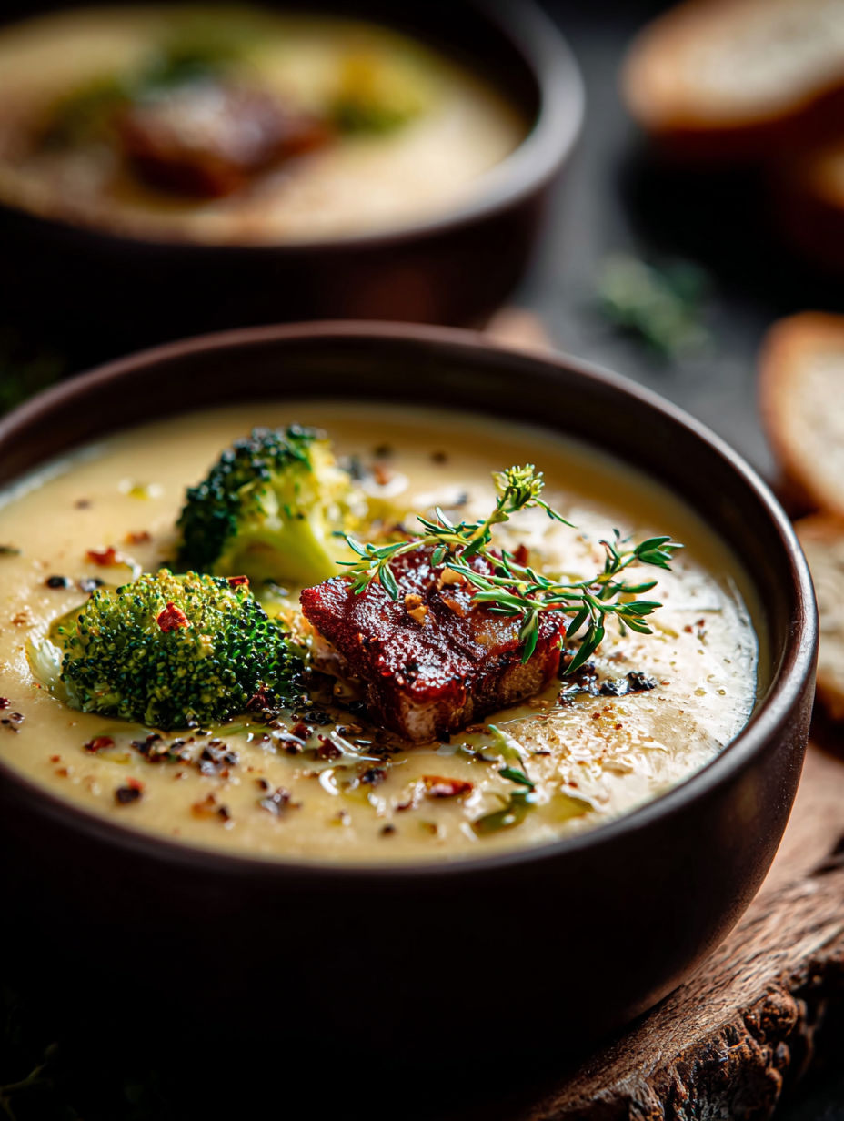 Eine Schüssel Brokkoli-Cheddar-Suppe mit einem Zweig Thymian oben drauf.