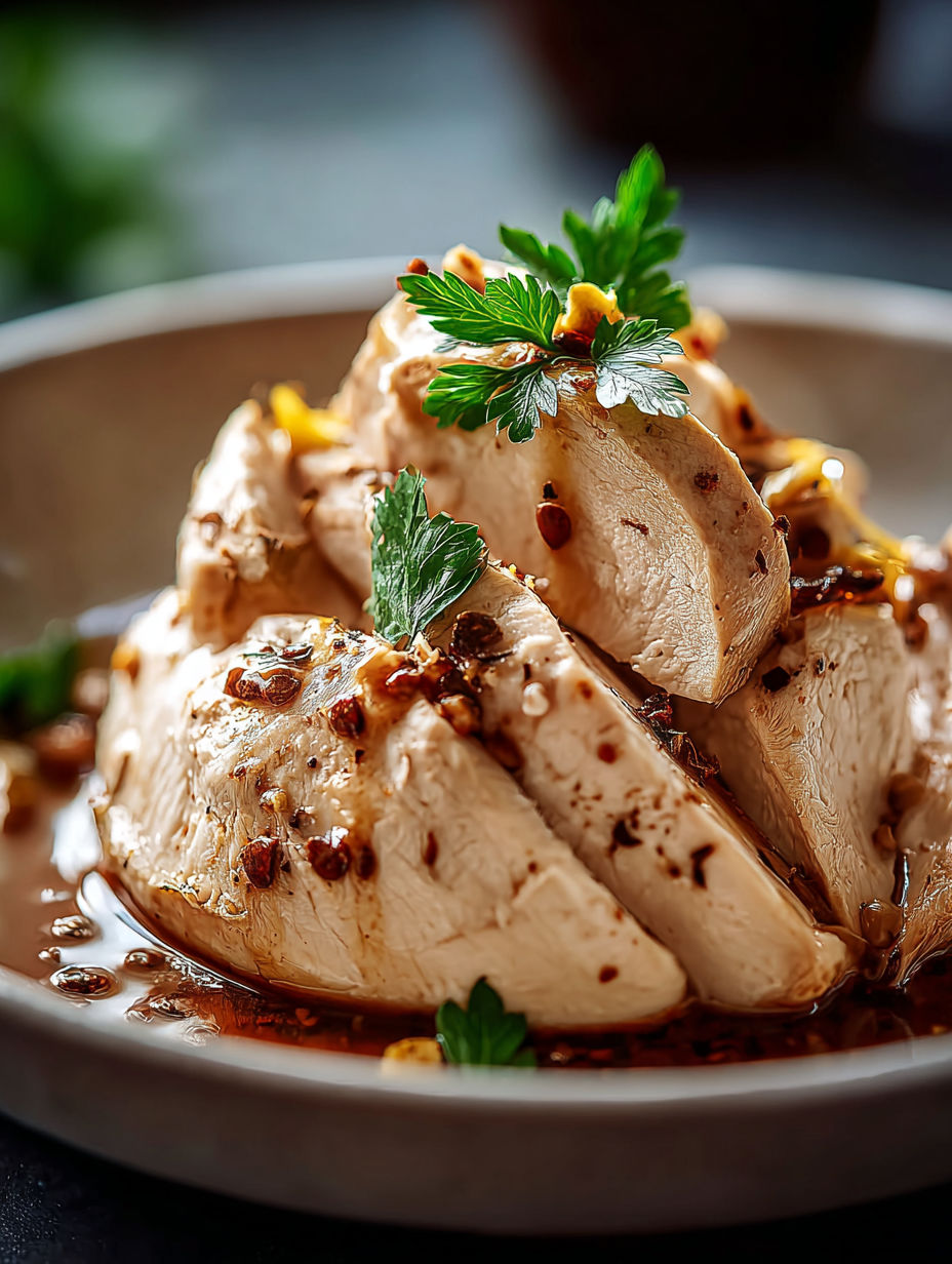 Eine Schüssel Hähnchen mit Kräutern und Gewürzen.