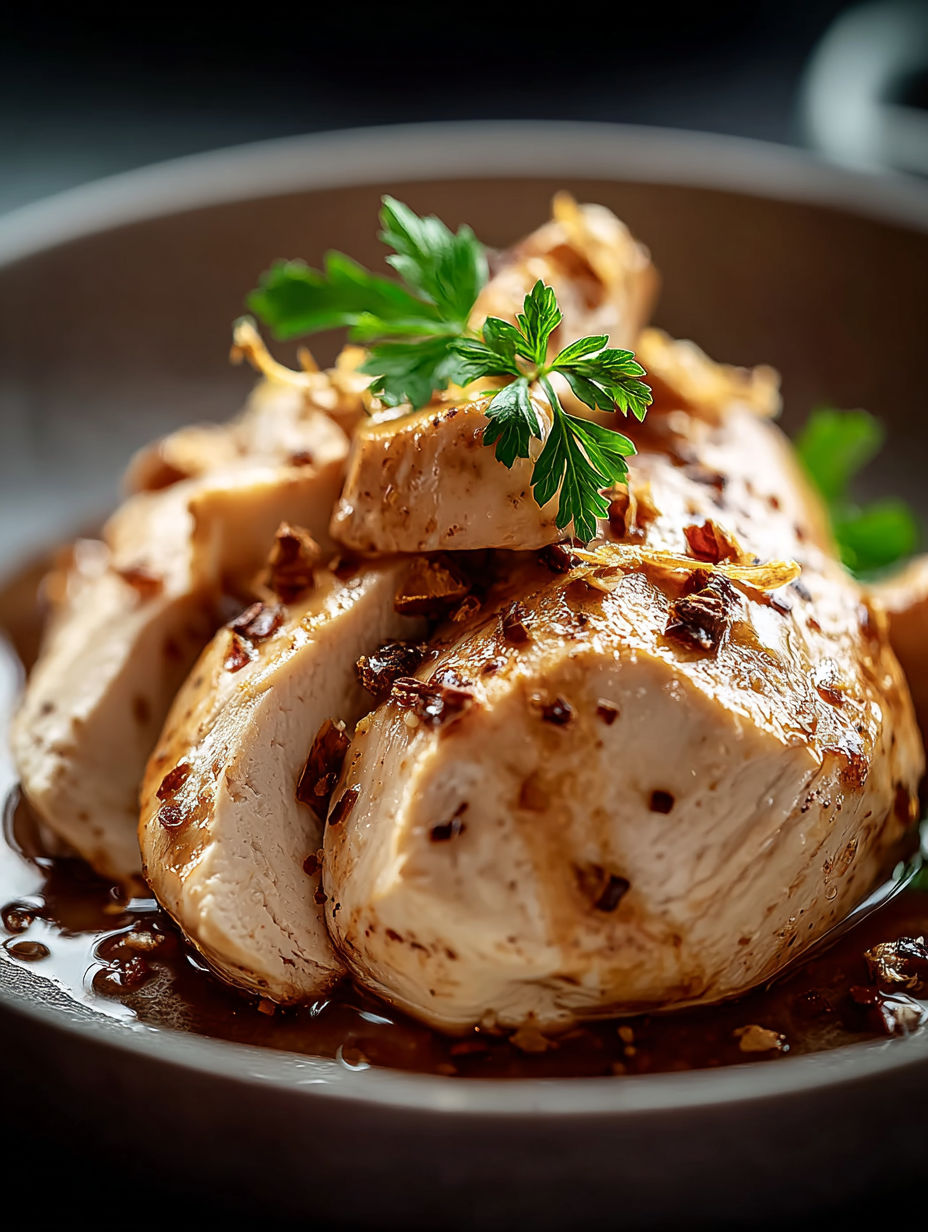 Ein Teller Hähnchen mit grünem Garnitur.