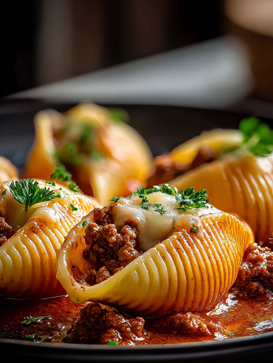 Gefüllte Pastaschalen mit Hackfleisch.