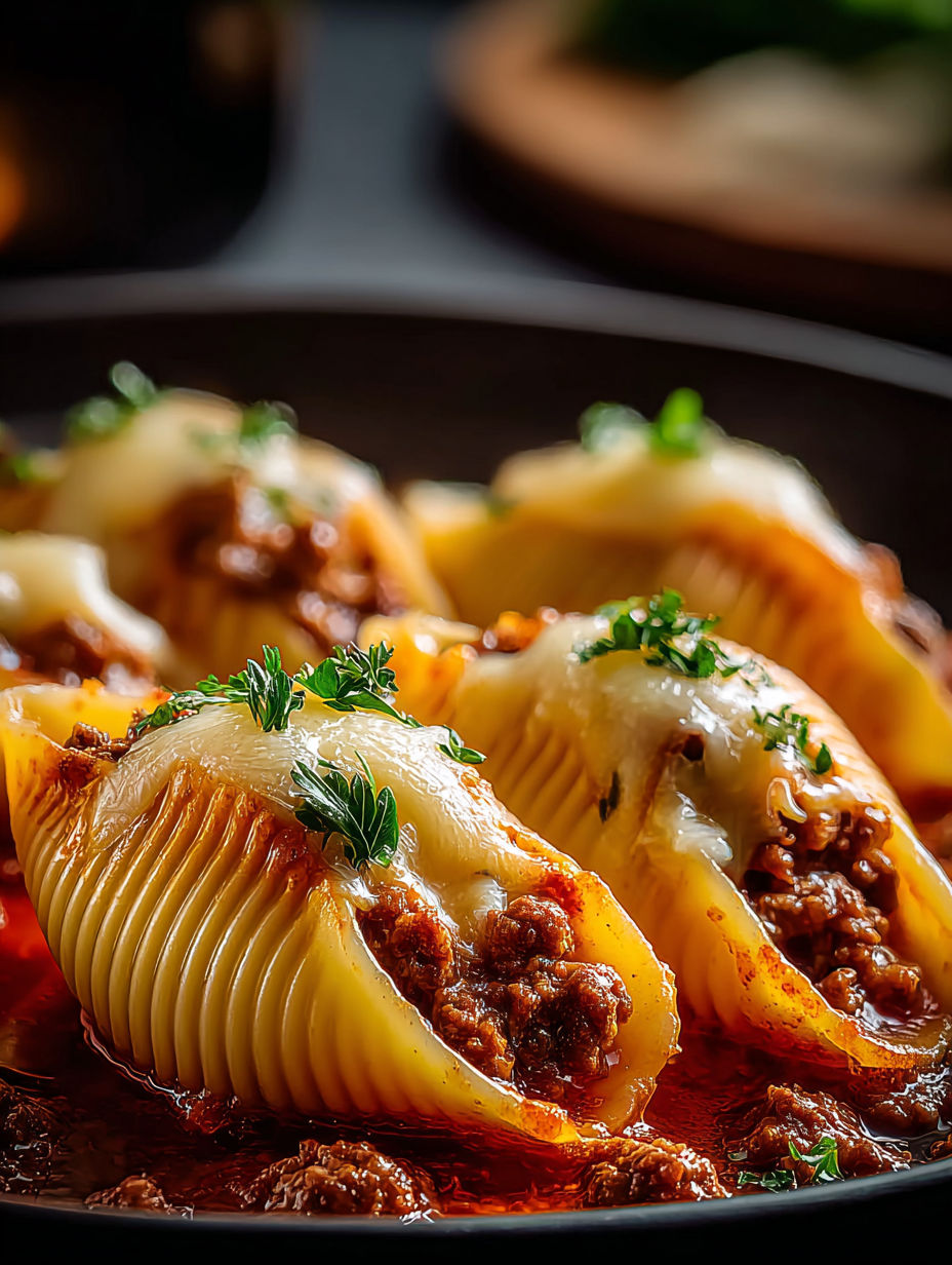 Nahaufnahme von gefüllten Nudelmuscheln auf einem Teller.