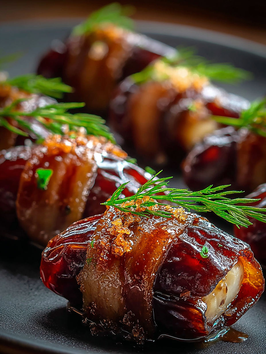 Rindfleisch-umwickelte Datteln auf einem Teller.