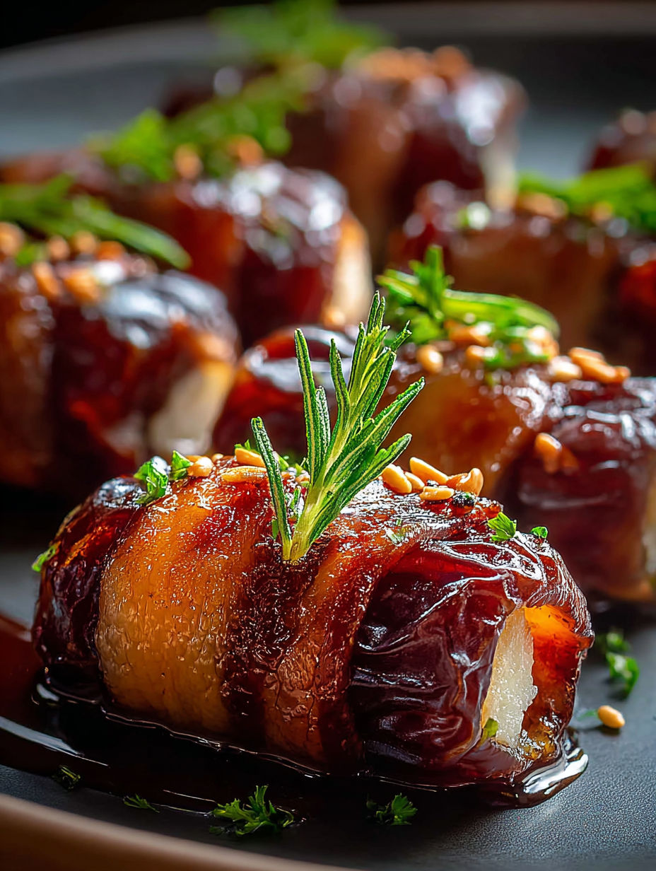 Rindfleisch-umwickelte Datteln mit Rosmarinzweig.