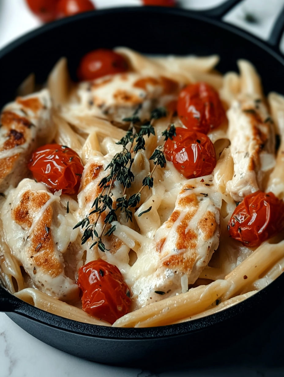 Ein Teller mit Huhn, Mozzarella und Nudeln.