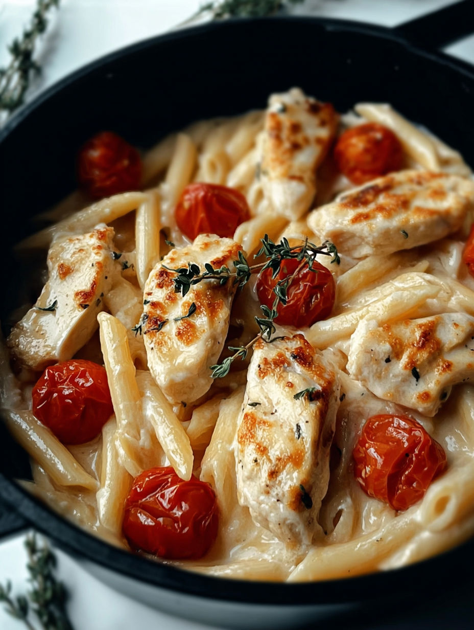 Eine Schüssel mit Hähnchen, Mozzarella und Pasta.