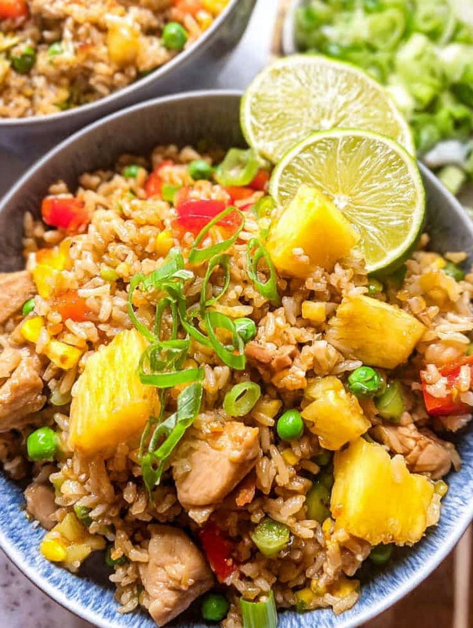 Eine Schüssel Reis mit Hühnchen und Ananas.