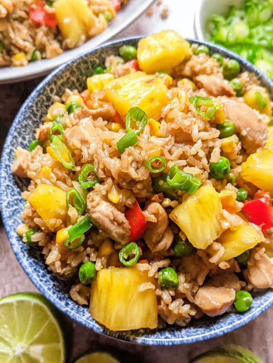 Eine Schale gebratener Reis mit Hühnchen und Ananas.