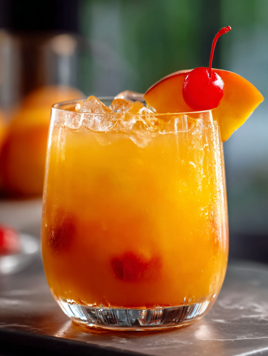 Ein Glas Peach Tequila Sunrise Punch.