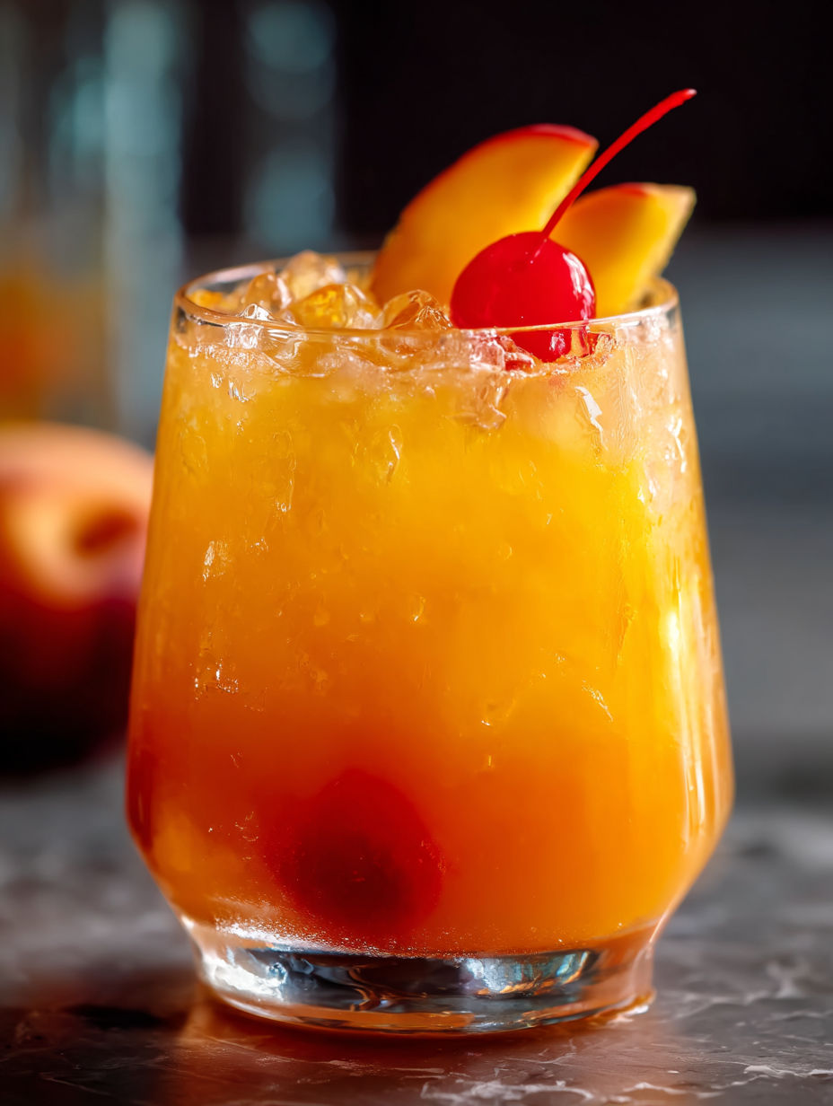 Ein Glas Pfirsich-Tequila-Sunrise-Punsch.