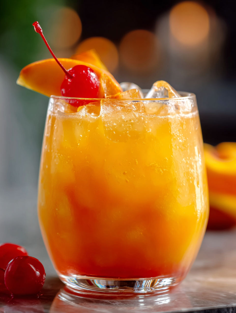 Ein Glas Pfirsich-Tequila-Sunrise-Punsch.