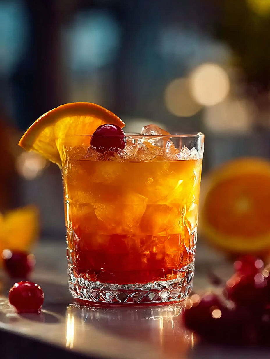 Ein Glas Tequila Sunset mit einer Kirsche obendrauf.