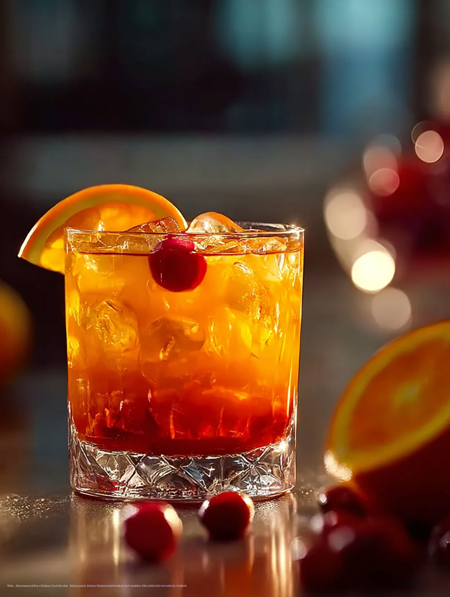 Ein Glas Tequila Sunset mit einer Orangenscheibe.