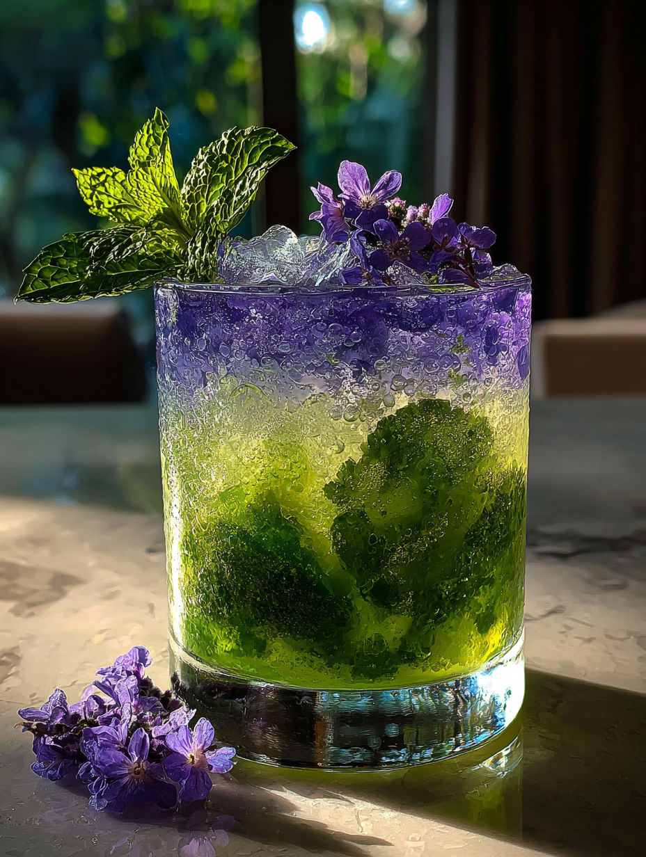 Ein Glas alkoholfreier Lavendel-Mojito.