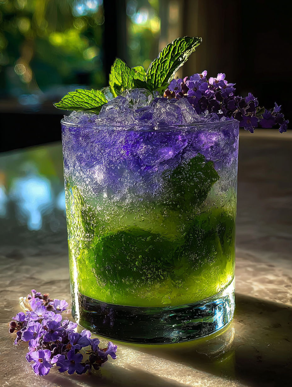 Ein Glas lila Getränk mit Minzblättern.