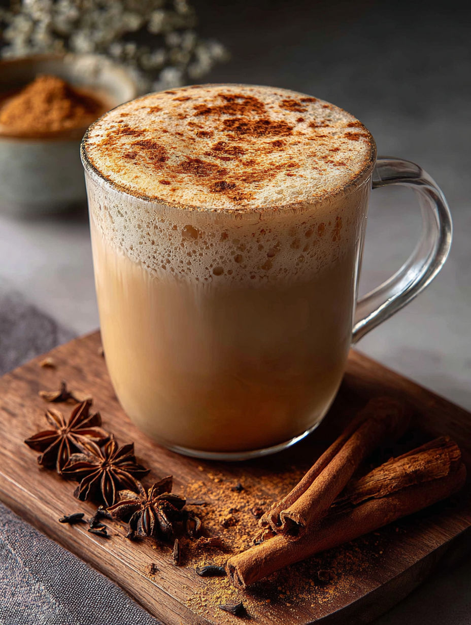 Eine Tasse Kaffee mit Zimtstange drin.