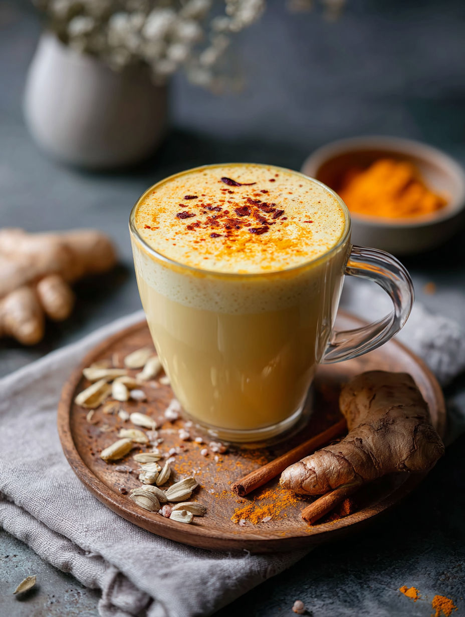 Eine Tasse cremige goldene Milch mit Kurkuma.