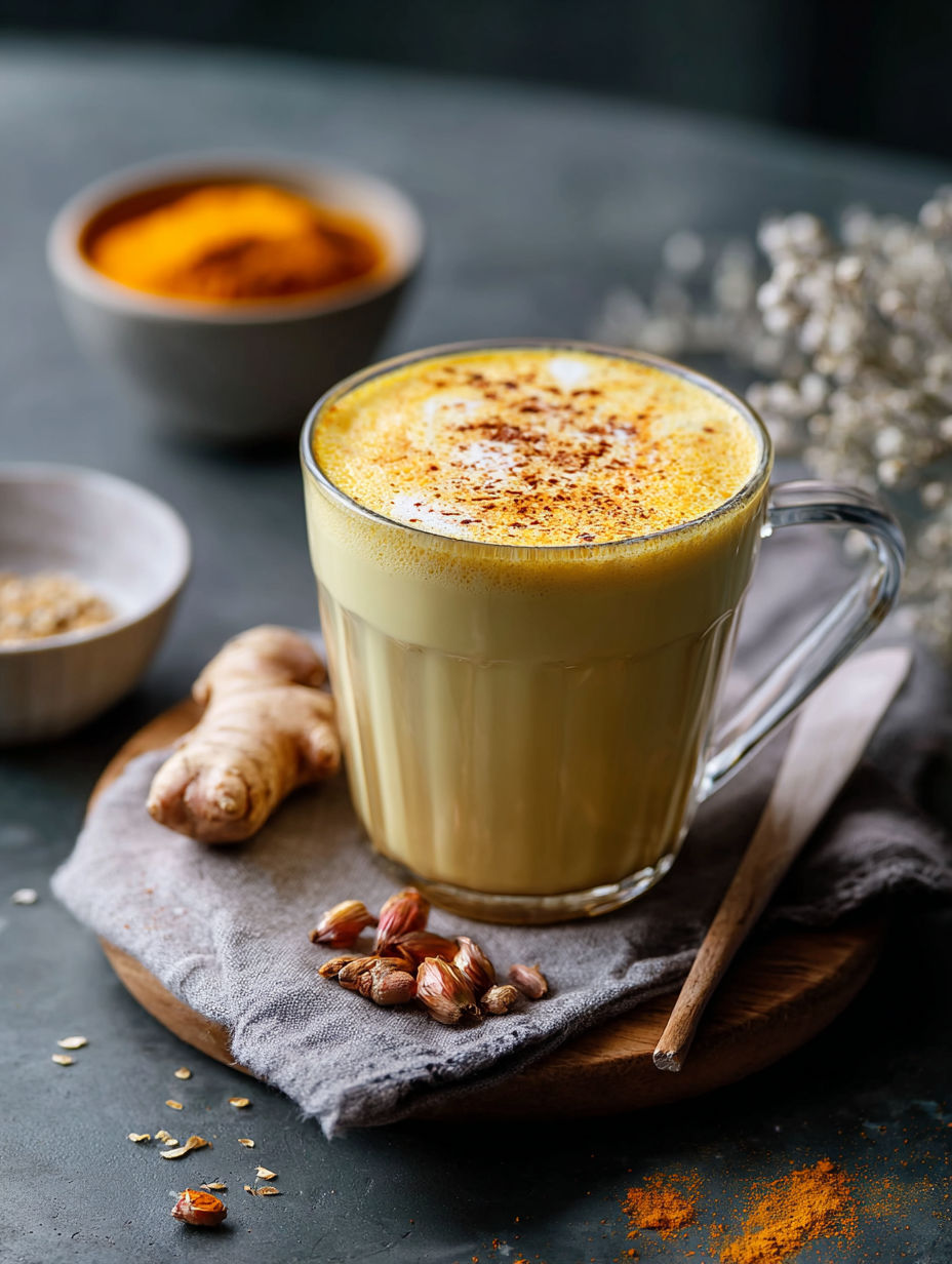 Ein Glas cremige goldene Milch mit Kurkuma.