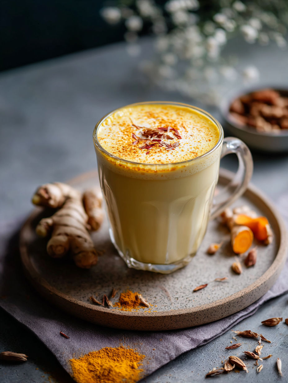 Ein Glas cremige goldene Milch mit Kurkuma.
