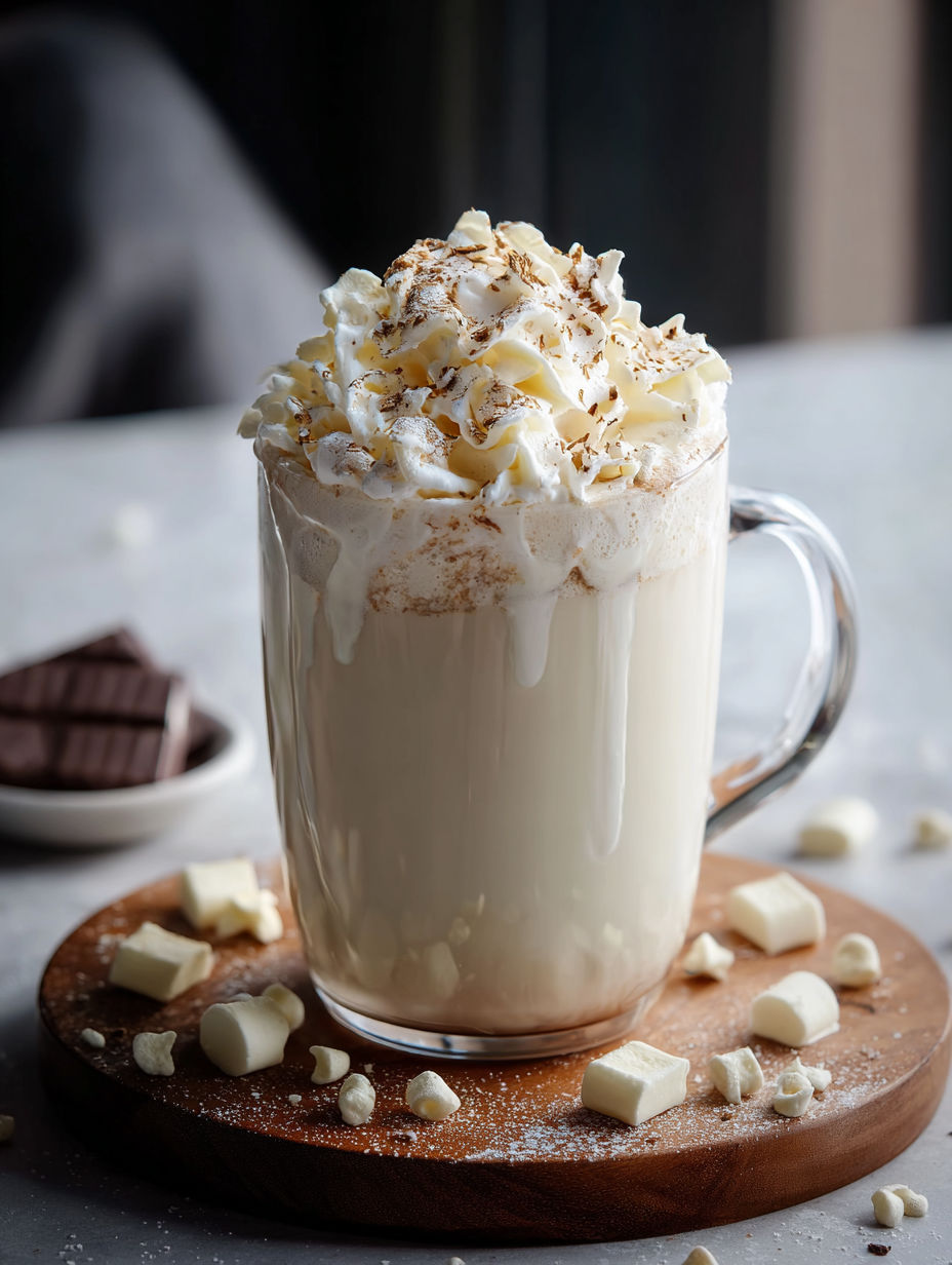 Tasse weiße heiße Schokolade mit Sahne oben drauf.