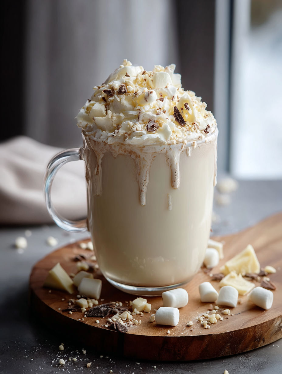 Glas heiße weiße Schokolade mit Marshmallows obendrauf.
