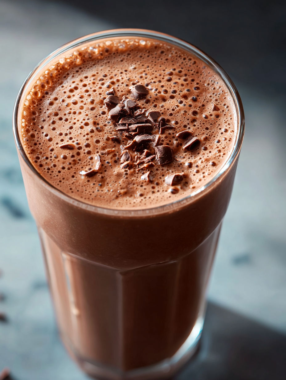 Ein Glas Schoko-Proteinshake mit Schokostückchen obendrauf.