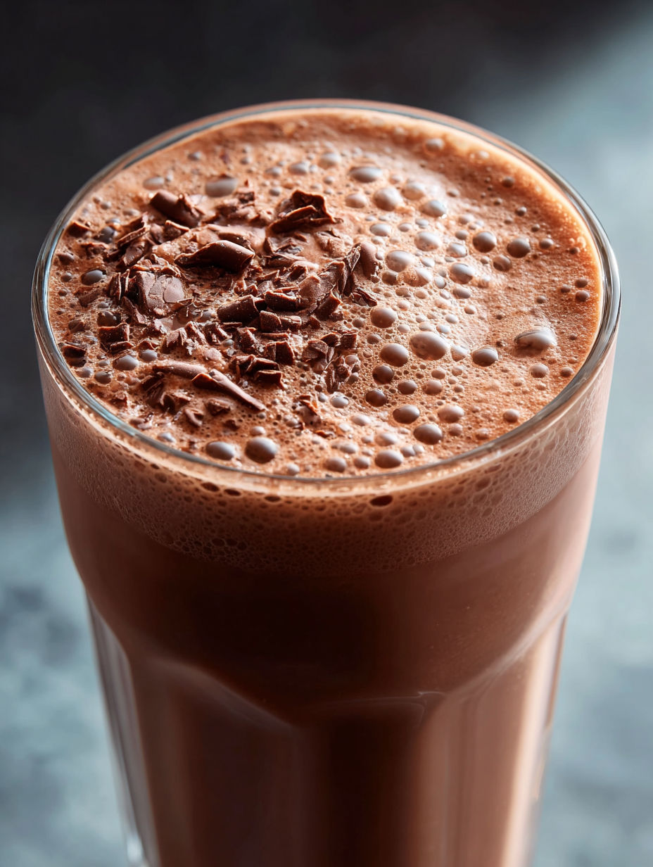 Ein Glas Schoko-Proteinshake mit Schokostückchen obendrauf.