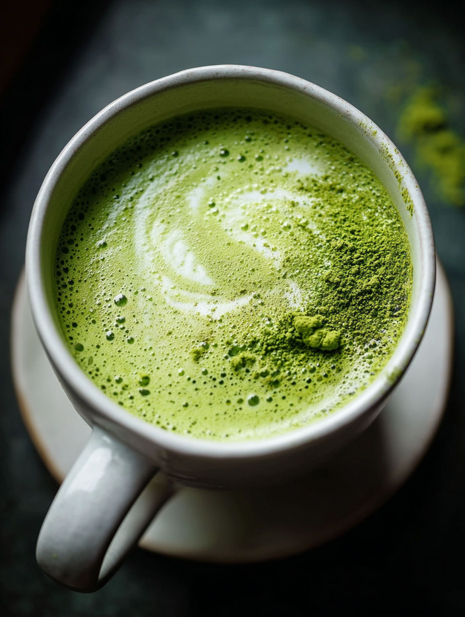 Eine Tasse grüner Tee Latte mit grünen Teeblättern drin.