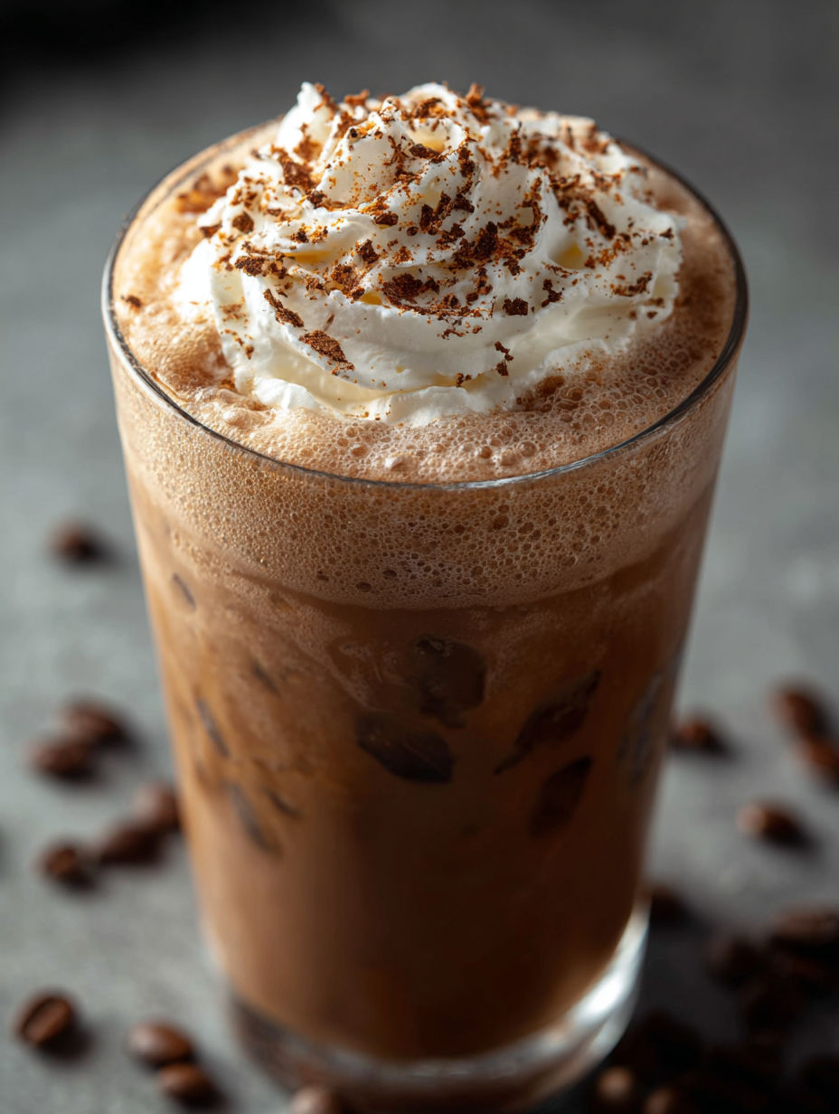 Ein Glas Mocha Eiskaffee mit Schlagsahne.