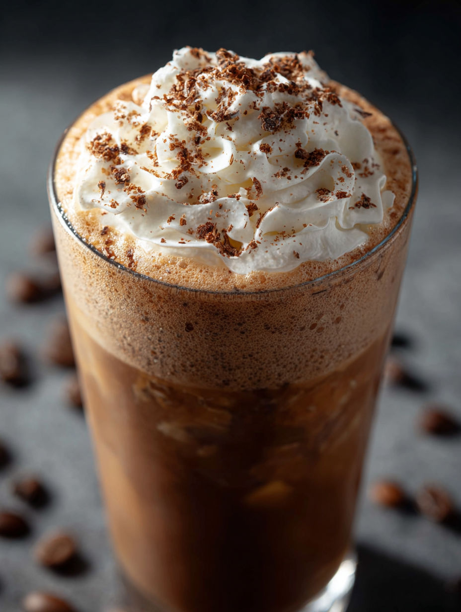 Ein Glas Eiskaffee mit Schlagsahne oben drauf.