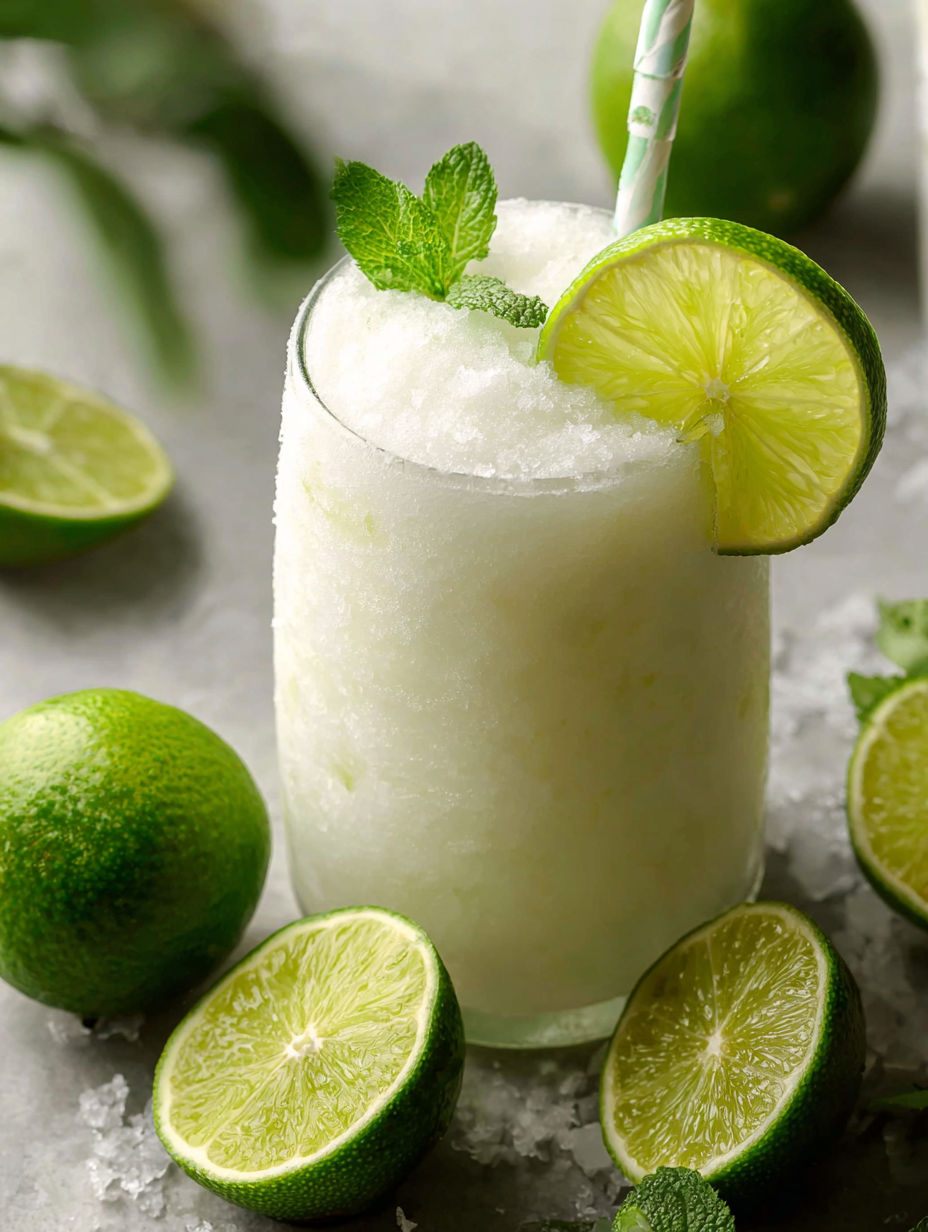 Ein Glas Kokos-Limetten-Limonade mit einer Limettenscheibe oben drauf.