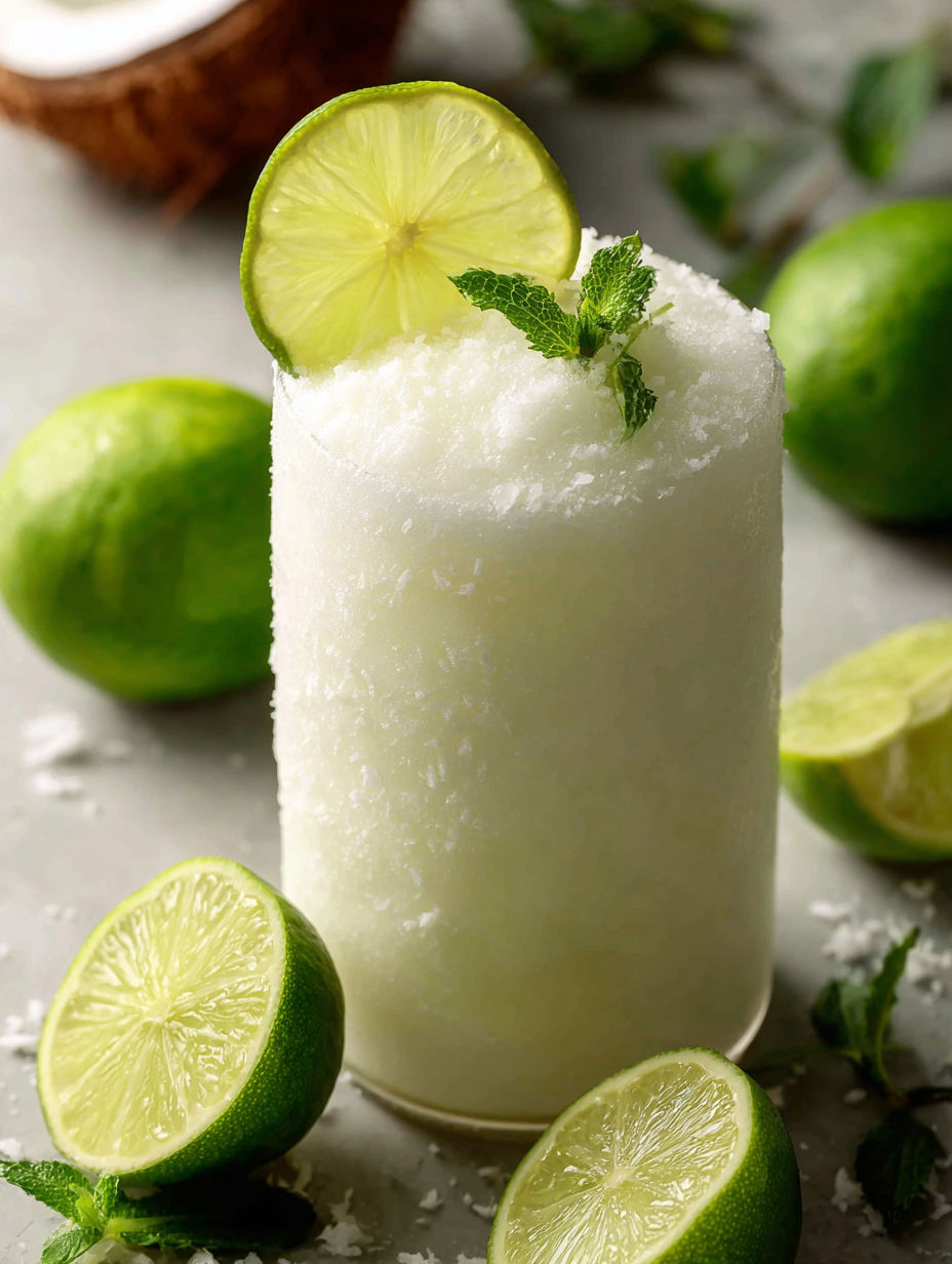 Ein Glas Kokos-Limetten-Limonade mit Limettenscheiben daneben.