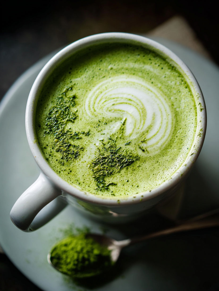 Eine Tasse Grüntee Latte mit grünen Teeblättern darin.