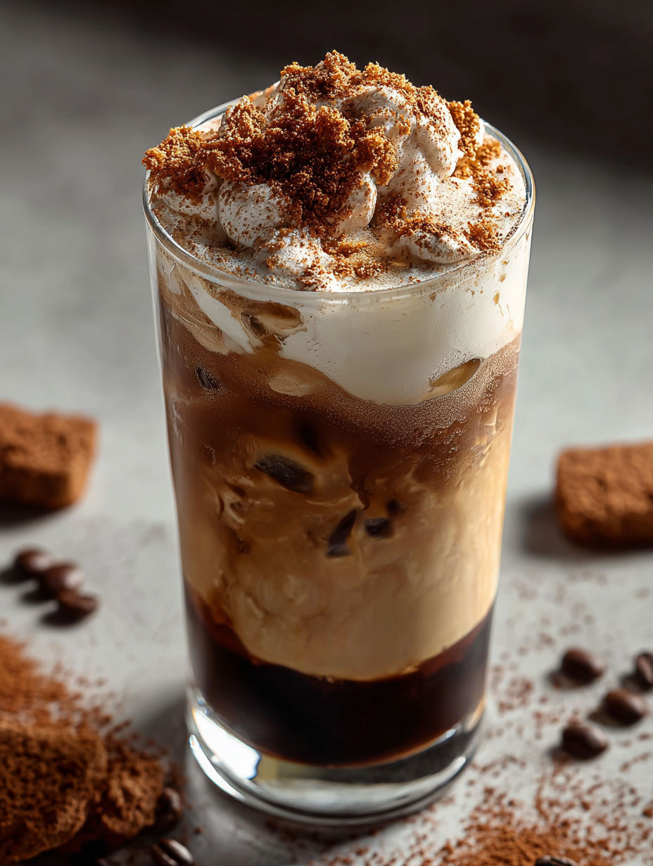 Ein Glas Eiskaffee mit Kakaopulver bestreut.