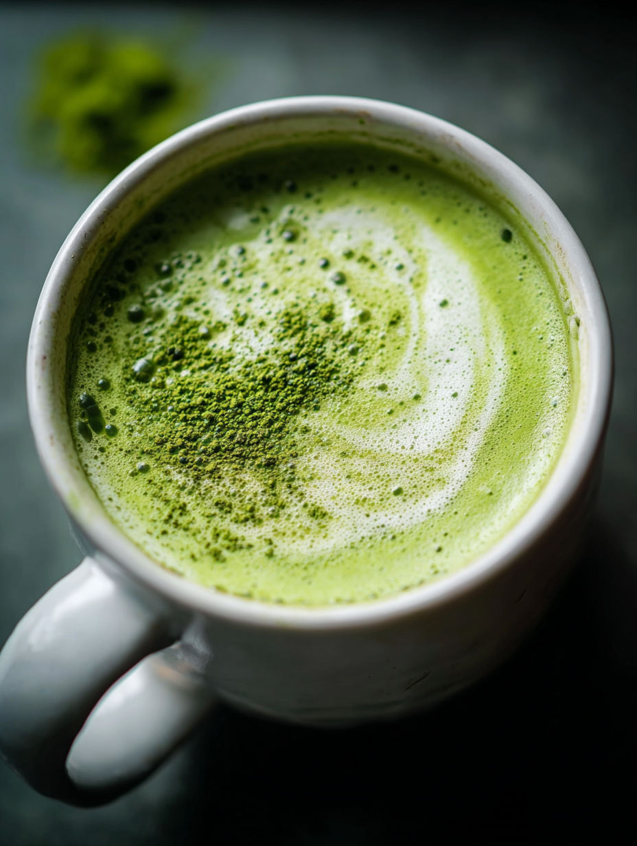 Eine Tasse Grüntee Latte mit einem grünen Teeblatt darin.