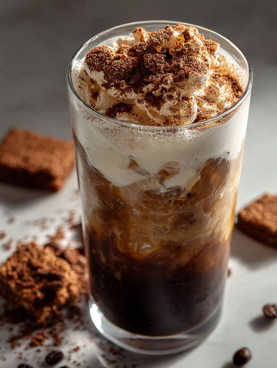 Ein Glas Eiskaffee mit Stück Schokokuchen daneben.