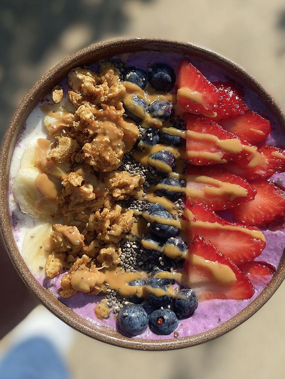 Eine Schüssel Hüttenkäse mit Bananen, Blaubeeren und Erdbeeren.