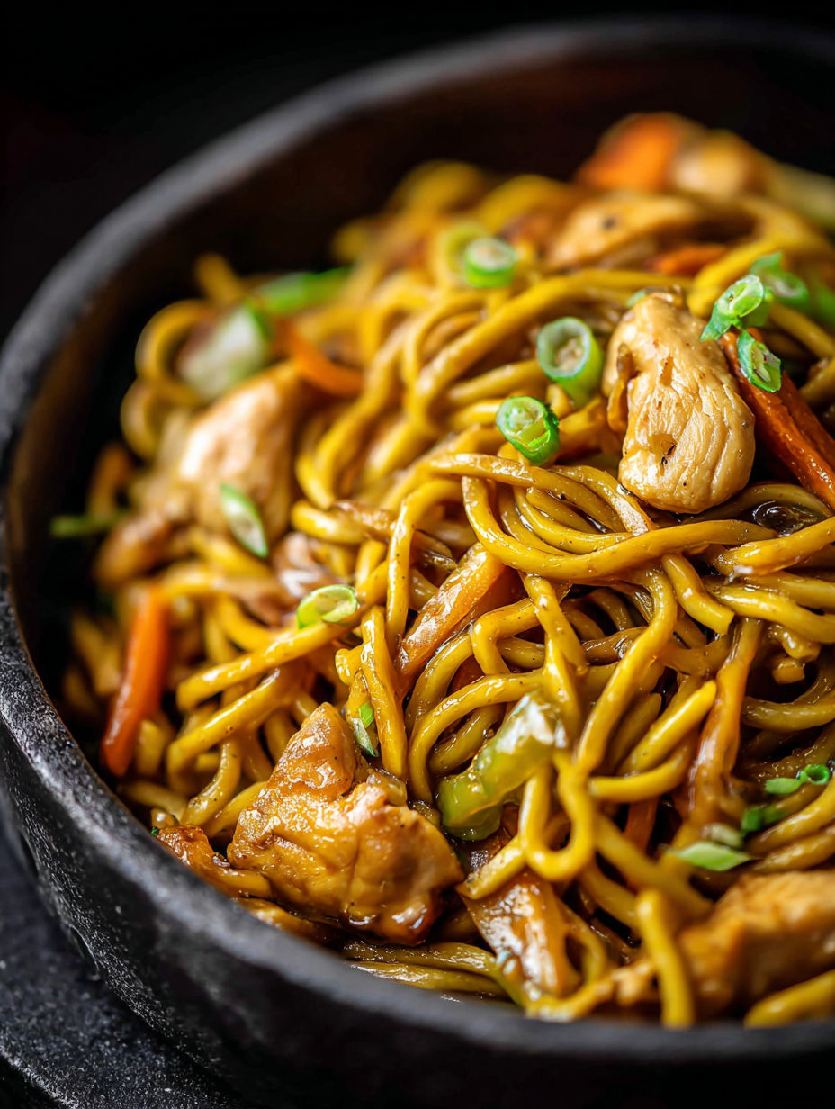 Eine Schale Lo Mein Nudeln mit Hähnchen und Gemüse.