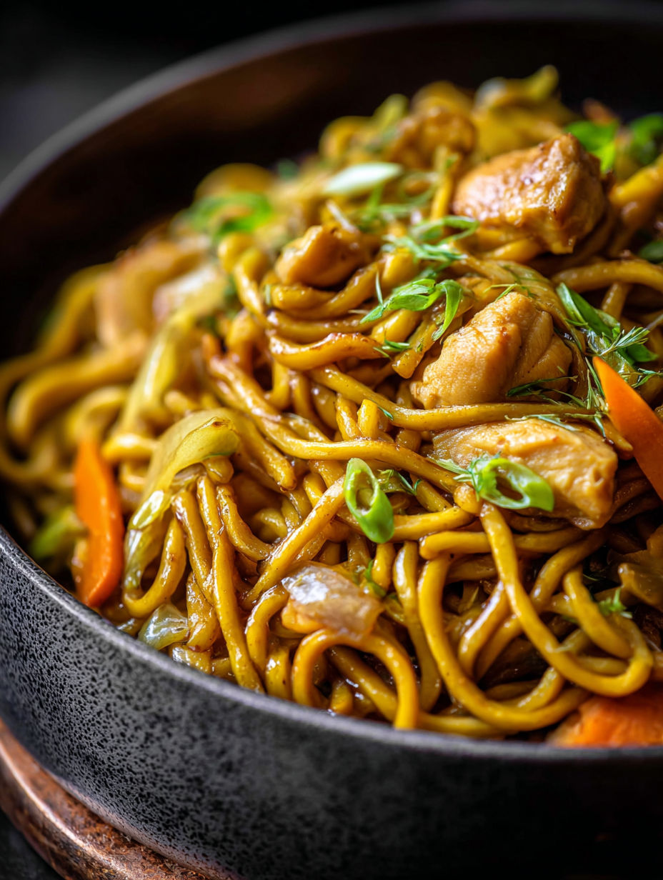 Eine Schale Lo Mein Nudeln mit Hähnchen und Gemüse.