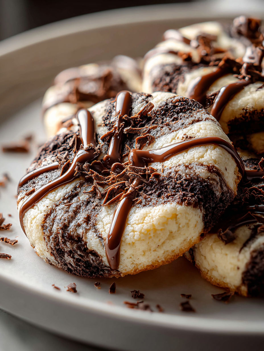 Ein Teller mit Schoko Marshmallow Wirbel Keksen.