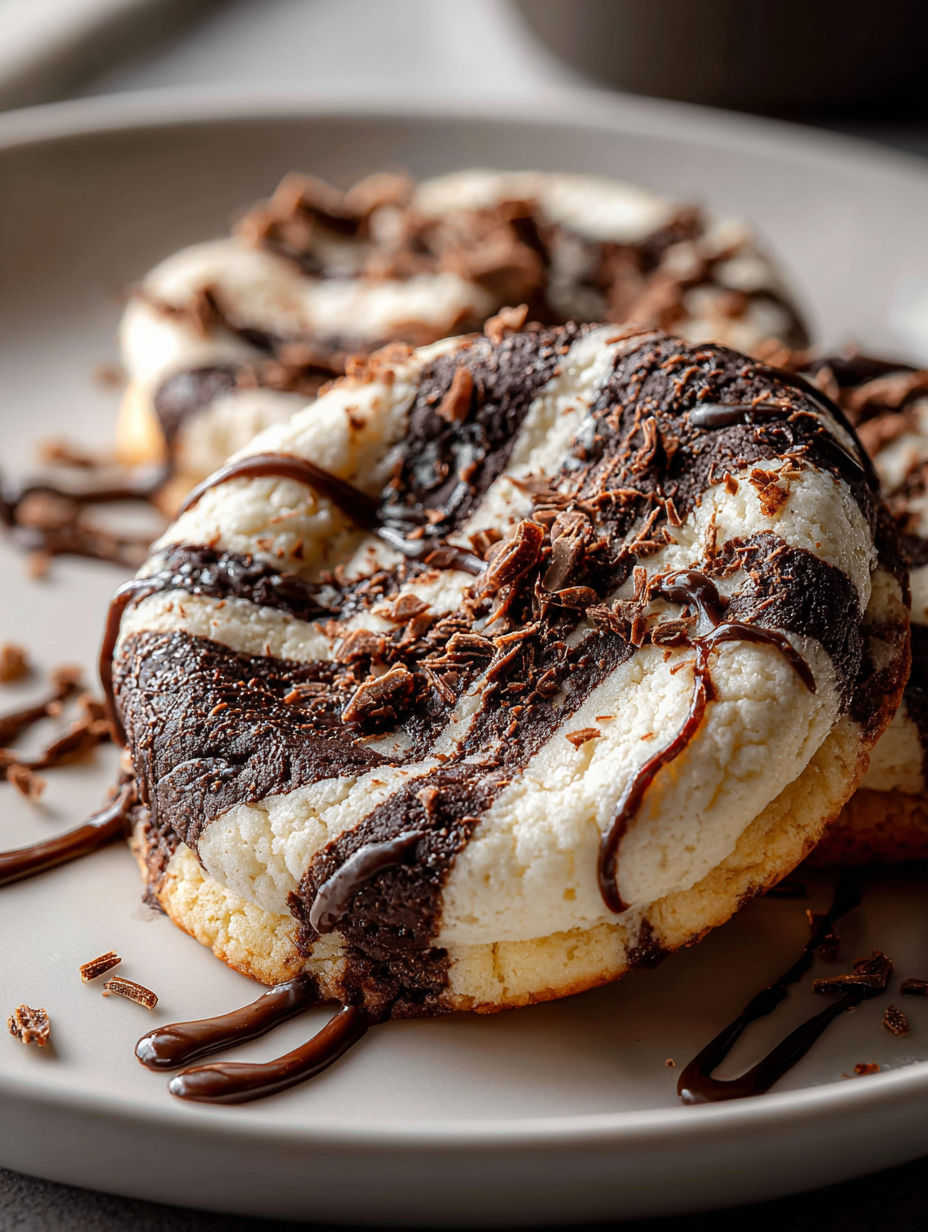 Nahaufnahme eines Schoko-Marshmallow-Wirbelkekses.