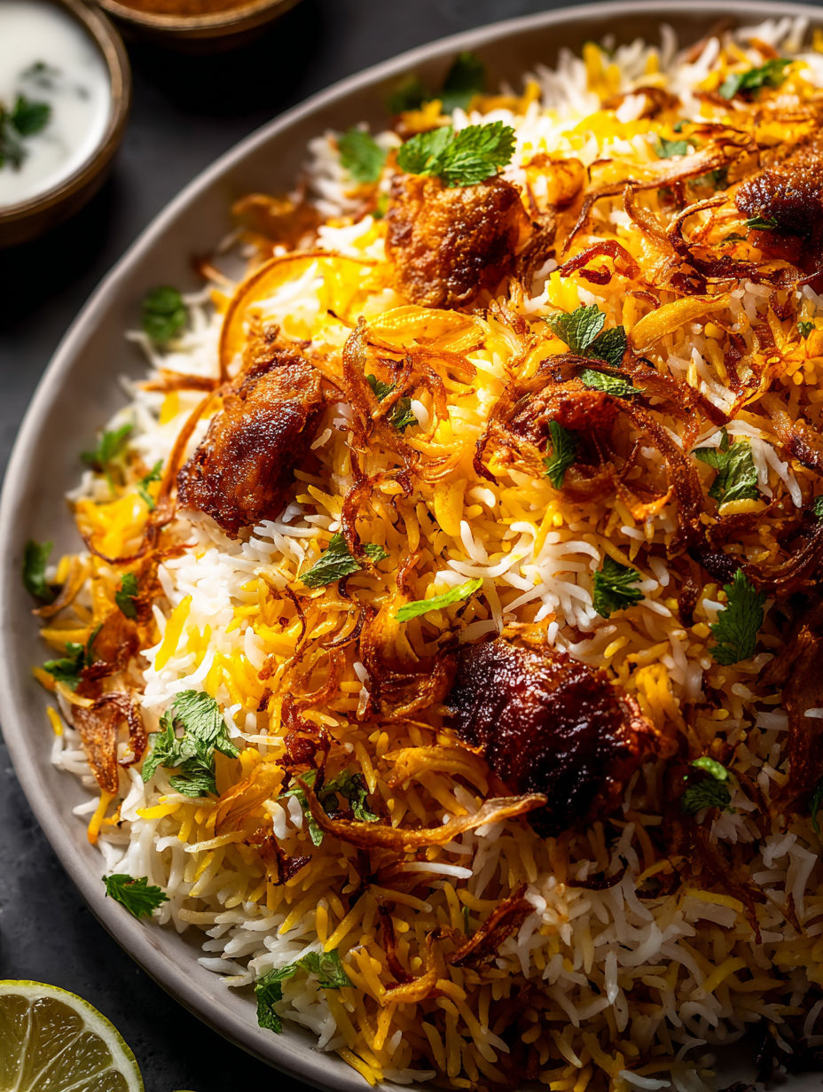 Ein Teller Reis mit Fleisch und Gemüse.