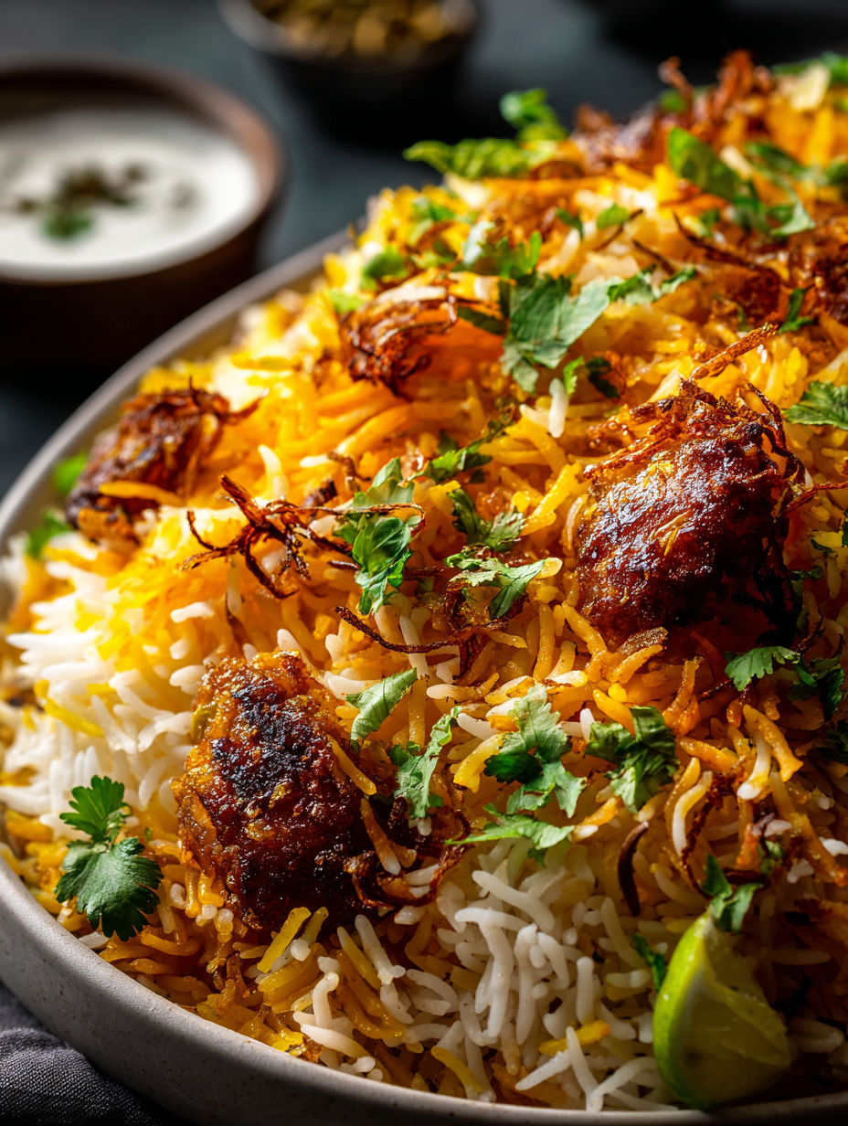 Eine Schüssel Reis mit Fleisch und Gemüse.