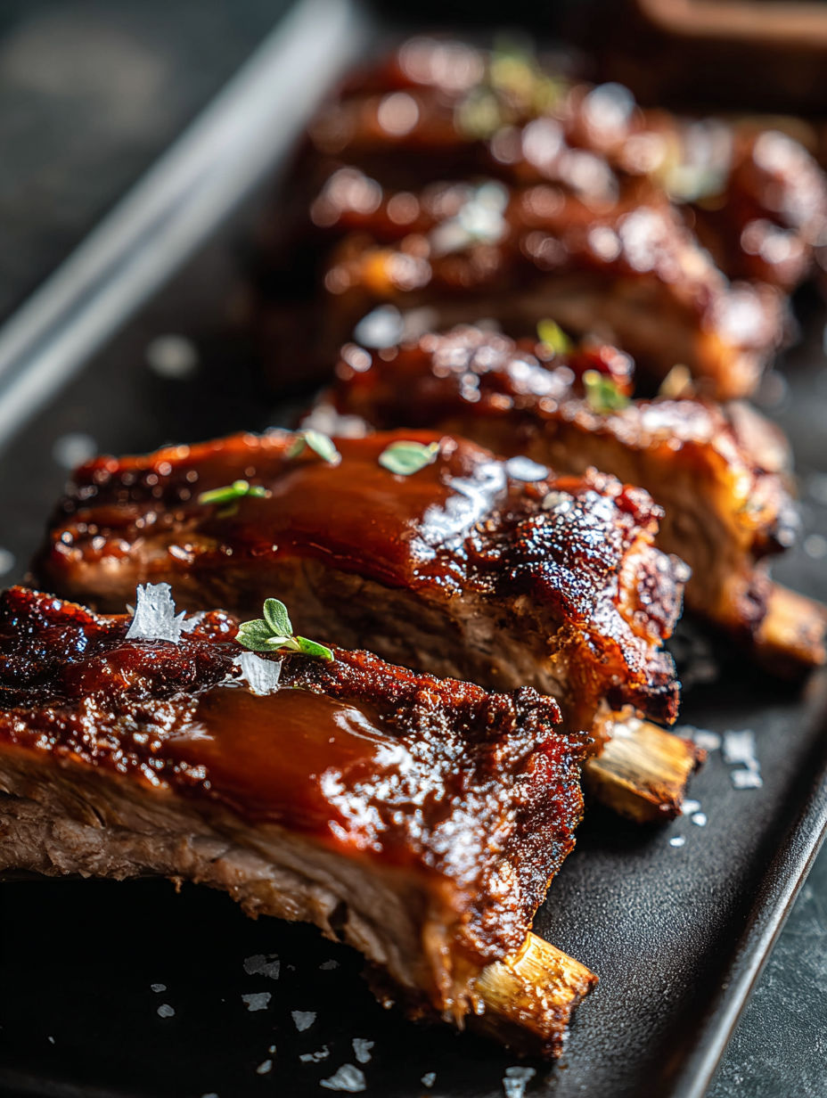 Eine Schale mit Rippen und Soße.