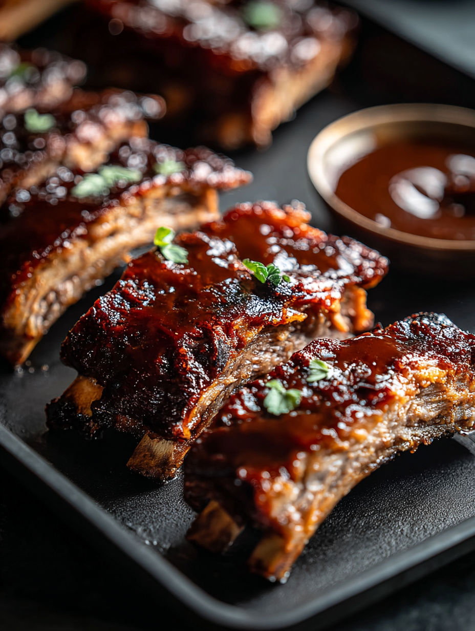 Ein Teller mit Rippen und einer Sauce-Schale.