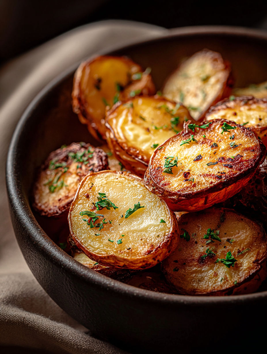 Eine Schale voller knuspriger Kartoffelscheiben aus der Heißluftfritteuse.