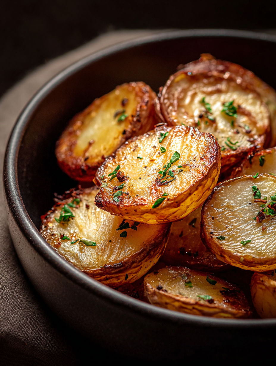 Schale mit knusprigen Heißluftfritteusen-Kartoffelscheiben.
