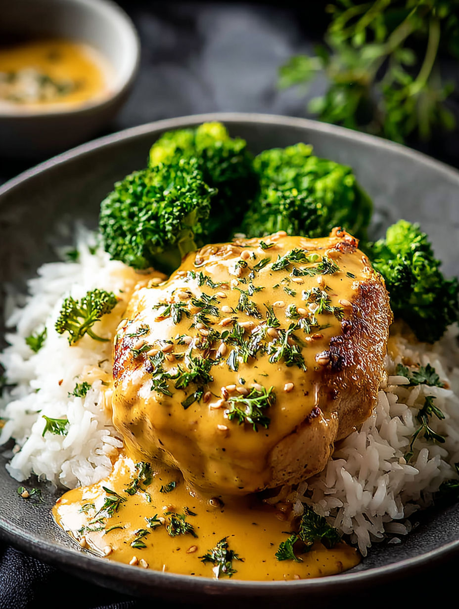Ein Teller mit Reis und Hähnchen in Sauce oben drauf.